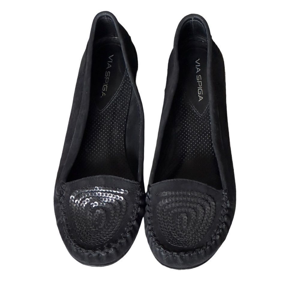 Via Spiga Black Suede Spiral Sequin Moccasin Loafers Size 6M